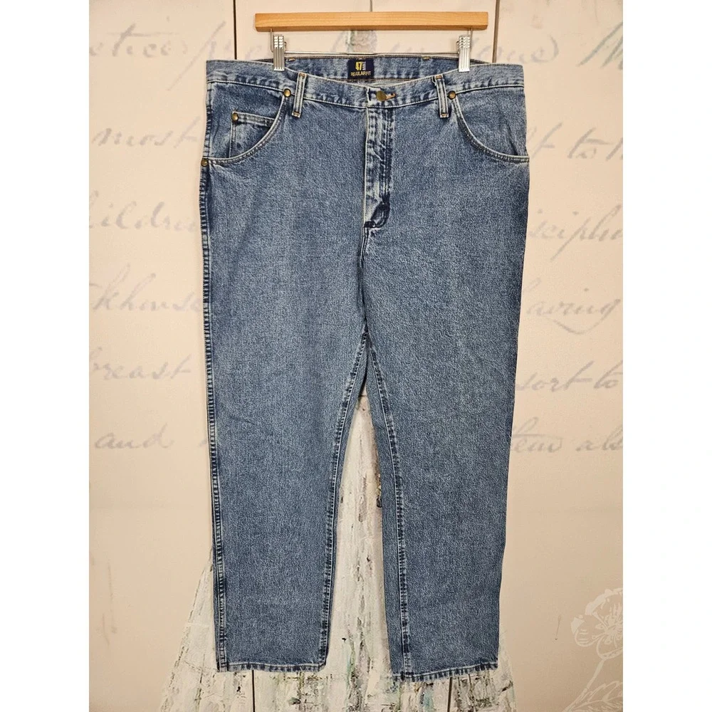 Wrangler 47MWZ‎ Premium Performance Mens Jeans 38x32 Regular Fit Stonewash Blue